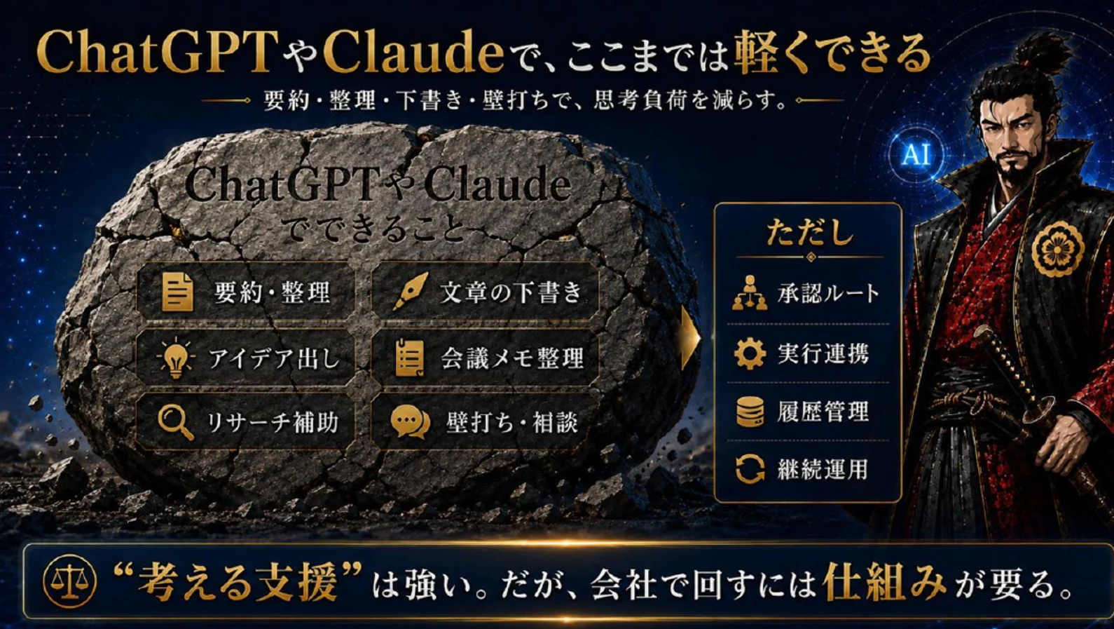 ChatGPTやClaudeで、ここまでは軽くできる。要約・整理、文章の下書き、アイデア出し、会議メモ整理、リサーチ補助、壁打ち・相談で岩にヒビが入る図。ただし承認ルート・実行連携・履歴管理・継続運用は残る。
